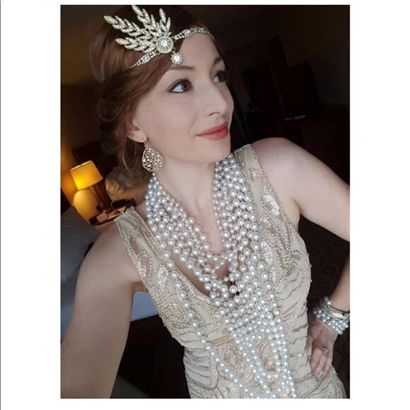 ✨ NWT Art Deco 1920’s Gatsby Flapper Crystal Rhinestone & Pink Pearl, Gold - Picture 3 of 4